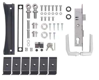 A collection of hardware components for a gate lock system, laid out on a white background.