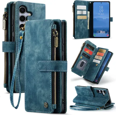 Immagine prodotto di Custodia in pelle per Samsung Galaxy S25 FE, custodia in Finto cuoio con cerniera, chiusura magnetica, tasca per carte, supporto, custodia a portafoglio Blu