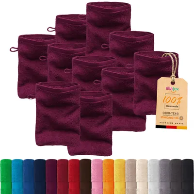 Produktbild von 10er Pack EllaTex Waschhandschuhe 15x21 cm 100% Baumwolle, 500 g/m² Handtücher Set weich saugstark Serie Paris, in Farbe: Brombeere