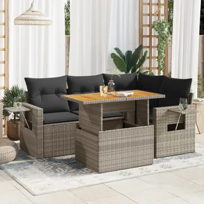 Produktbild von Eleganten-Stil 5-tlg. Garten-Lounge-Set mit Kissen Garten-Sofagarnitur, Outdoor Indoor, Grau Poly Rattan Gartenmöbel-Sets CHY75468786