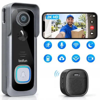 Zdjęcie produktu dla Inteligentna kamera do domofonu z wideo, działająca przez Wi-Fi, z wbudowanym dzwonkiem wewnętrznym i funkcją noktowizji AI, przeznaczona do montażu przy drzwiach wejściowych