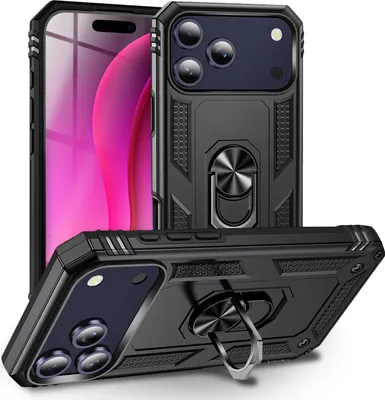 Immagine prodotto di Custodia con anello "RingDefend" per Apple iPhone 17 Pro Max - Estremamente robusta, protezione dalle cadute, supporto per le dita e supporto, stile militare - nero vulcano