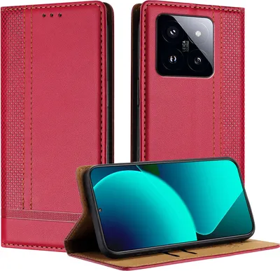 Produktbild von Handyhülle für Xiaomi 14 Pro Leder Flip Klappbare Schutzhülle mit Standfunktion Rot