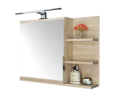 Produktbild von Badezimmerschrank mit Spiegel und LED-Beleuchtung, LED-Badezimmerschrank mit Ablagen, Eiche Sonoma, Rechts