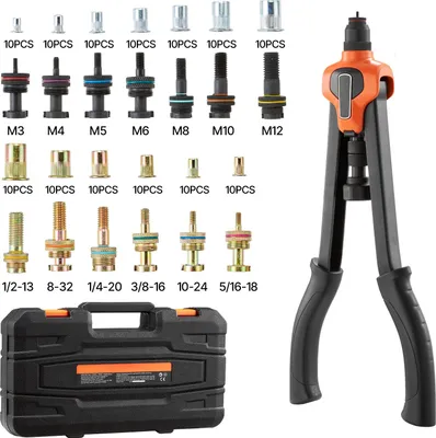 Obrázek produktu pro Sada kleští na nýtovací matice SucceBuy 42 cm, dvouruční nýtovací kleště s 13 nástavci a 130 maticemi v metrických a SAE velikostech M3, M4, M5, M6, M8, M10, M12, 1/2-13, 8-32, 10-24, 1/4-20, 5/16-18, 3/8-16 UNC