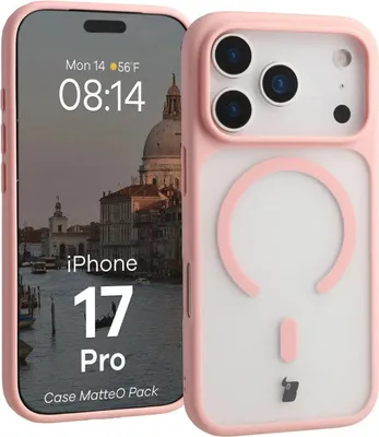 Produktbild von Schutzhülle mit Magnetring + gehärtetem Glas für iPhone 17 Pro, Bizon MatteO Pack, Getönt-Hellrosa