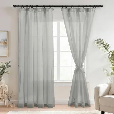 Image de Rideaux en voile semi-transparent avec bande passante, gris, 2 panneaux, 245 x 140 cm