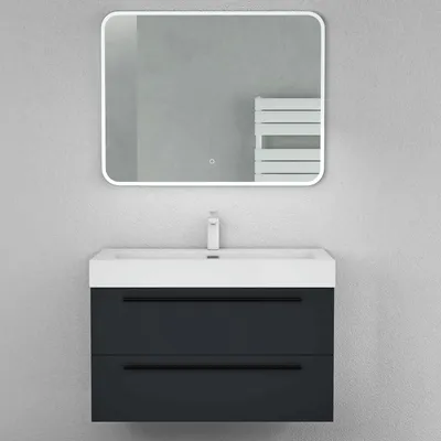 Produktbild von Mai & Mai Badmöbelset Komplett Set Waschbeckenunterschrank 90cm Unterschrank mit Waschschbecken aus Mineralguss und LED-Badspiegel Quadratto