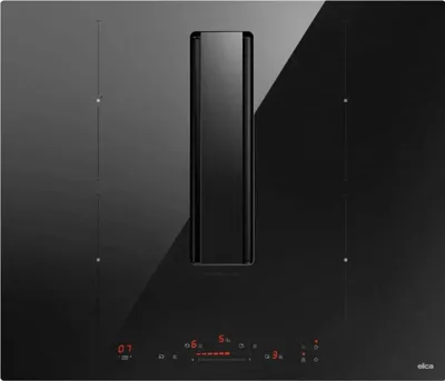 A top-down view of a black induction cooktop with an integrated ventilation system.