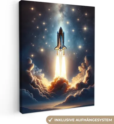 Produktbild von MuchoWow® - Leinwandbilder - Weltraum - Rakete - Weltraum - Sterne, Wandbild, Wanddeko Bilder Wohnzimmer, 90x120cm