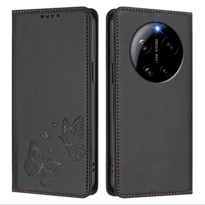 Image de Étui en cuir pour Xiaomi 17 Ultra, étui de protection type portefeuille en cuir gaufré « papillon » avec support, noir