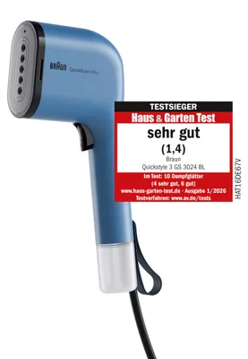Zdjęcie produktu dla Braun QuickStyle 3 GS3024BL, Ręczny parowiec do ubrań, 0,12 l, 0,5 min, Niebieski, Plastik, Przyciski