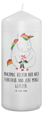 Produktbild von Mr. & Mrs. Panda Kerze Einhorn Traurig 19 x 8 cm - Weiß - Geschenk, Unicorn, Grußkarte, Blume, Wachskerze, Einhörner, Trauer, Liebe, Zylinderkerze, Bedruckte, Blockkerze