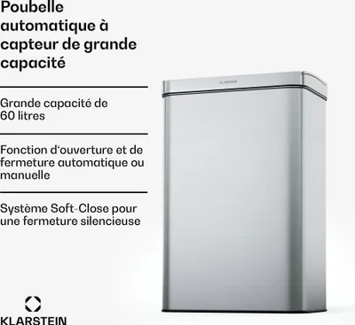 Image de Klarstein Poubelle à capteur sans contact 60 L - poubelle en acier inoxydable, soft-close, poubelle de cuisine avec détecteur de mouvement