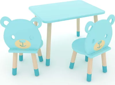 Produktbild von DEKORMANDA – Kindertisch mit Stühlen – Möbel für ein Kinderzimmer – Stühle in Teddybärform für kleine Tierliebhaber – blauer Kindertisch 65 x 50 cm mit 2 Stühlen – ein Set aus Tisch und zwei Stühlen für Kinder, perfekt zum Lernen und Spielen