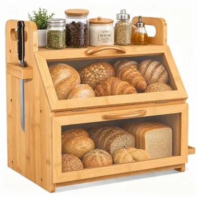 Produktbild von Extra Großes Brotkasten, 2 Etagen Bambus Brotbox für Küchen, Holz Brotbehälter mit Werkzeughalter, Sichtfenster – (38 x 28 x 39 cm) natürlich