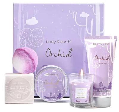 Produktbild von Wellness-Geschenkset für Frauen 5-teilig Orchideenduft mit Duftkerze, Körperbutter, Handcreme, Badebombe, Geschenkbox