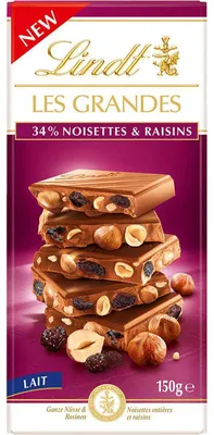 Image de Chocolat Lindt Les Grandes 34% noisettes & raisins secs 150g
