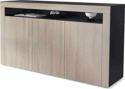 Produktbild von Vladon Sideboard Valencia, Germany, Kommode mit 3 Türen und 1 offenem Fach, Schwarz matt/Eiche sägerau/Eiche sägerau (155 x 92 x 40 cm)
