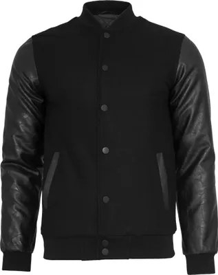 A black college jacket with black leather sleeves is shown against a white background.