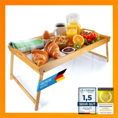 Produktbild von XXL Frühstückstablett aus Bambus klappbares Serviertablett Betttablett Laptoptisch mit Beinen 70x45x25cm Holztablett für Bett Couch Sofa