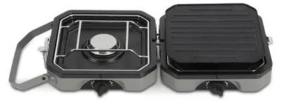 Produktbild von Faziango Camping-Gaskocher mit 2 Brennern, klappbar, mit Grillrost und Antihaftplatte, Flammenausfallsicherung, tragbarer Outdoor Kocher für Camping und Reisen
