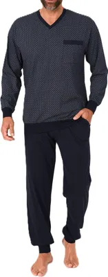 Produktbild von Normann Herren Schlafanzug lang mit Bündchen - Pyjama im edlen Minimal-Print und V-Hals ; marine , 56