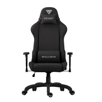 A black gaming chair is shown from the front against a white background.