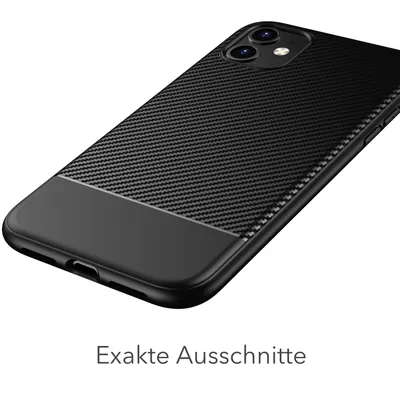 A black iPhone case with a carbon fiber texture is shown from a diagonal angle against a white background.
