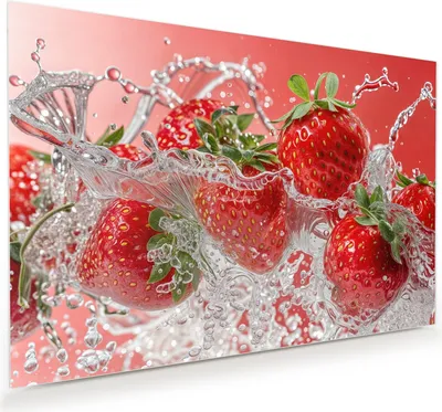 Produktbild von Glasbild 45x30cm in XXL für Wohnzimmer, Schlafzimmer Motiv Erdbeerspritzer
