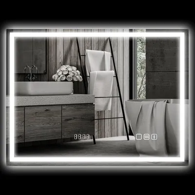 Produktbild von Badezimmerspiegel mit LED-Beleuchtung, Anti-Beschlags-Pad, 3 verstellbare Farben, Uhr, 600 x 800 mm, Silberfarben