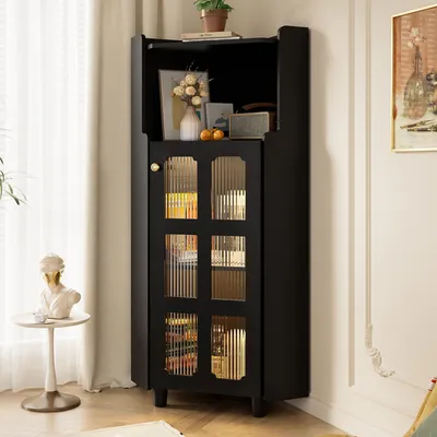Zdjęcie produktu dla Szafka narożna z oświetleniem LED, wielofunkcyjna komoda narożna, idealna do salonu, łazienki lub sypialni, wymiary: 63,5 x 16,5 x 124 cm, kolor: czarny