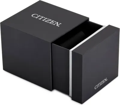 A black Citizen watch box with the drawer partially open.