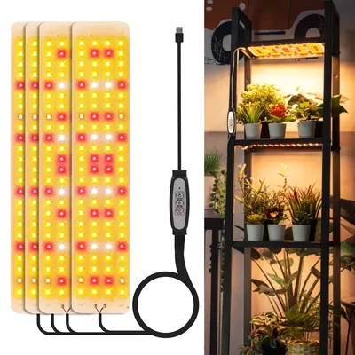 A split image showing a set of four LED grow light panels on the left and a plant shelf with plants under grow lights on the right.
