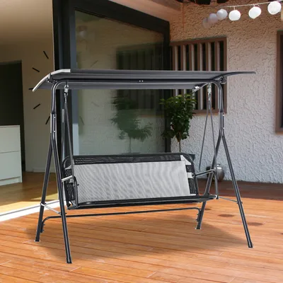 Produktbild von Hollywoodschaukel 2-Sitzer mit verstellbarem Sonnendach, Gartenschaukel Metall, Texteline, Schwarz | 172x110x155 cm | bis 200 kg | UV-beständig