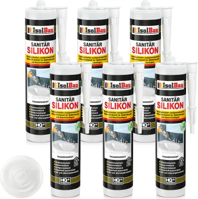 Produktbild von Isolbau Sanitär Silikon 6 x 300 ml Transparent - Hochelastischer Silikon-Dichtstoff für Abdichtungen & Fugen – Schimmelresistent, wasserdicht - Kartusche