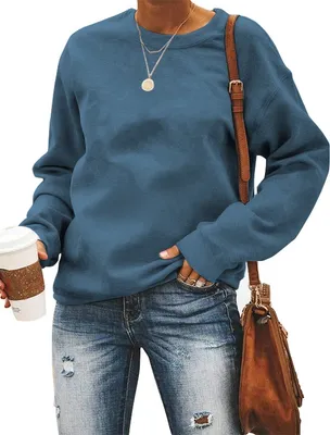 Produktbild von ASKSA Damen Pullover Rundhals Einfarbige Sweatshirt Herbst Winter Langarmshirt Casual Lose Oberteile, Blau, M