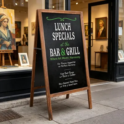 Immagine prodotto di Lavagna pubblicitaria magnetica in gesso 74x44 cm – espositore in legno bifacciale personalizzabile, cartellone pieghevole marrone