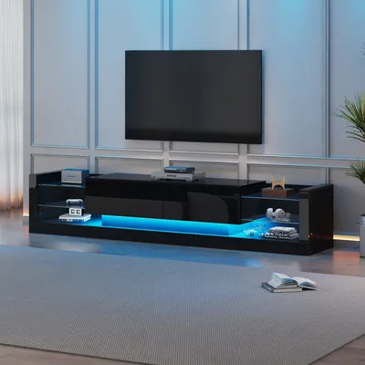 Produktbild von okwish Hochglanz-TV-Schrank mit LED-Beleuchtung, 181 cm – Für Fernseher bis 80 Zoll, Glasfront, zwei klappbare Schubladen, Schwarz