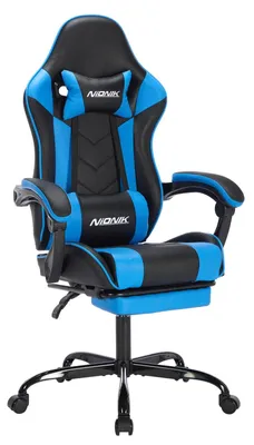 Obrázek produktu pro Herní židle, kancelářská židle, počítačová židle – ergonomická s opěrkou nohou, bederní opěrkou, nastavitelnou výškou, otočná s kolečky, s podloketníky – modrá