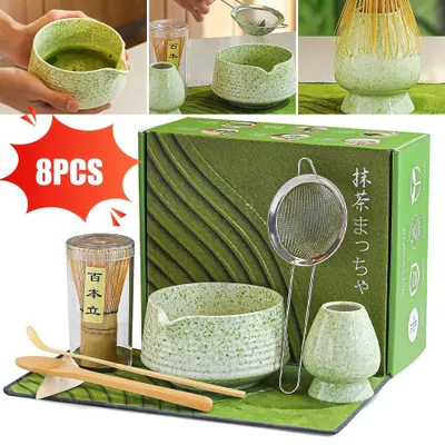 Obrázek produktu pro Sada na čajový obřad Matcha, 8dílná, včetně metličky na matcha, lžiček na matcha, držáku na metličku, japonská sada na čaj Matcha, zelená