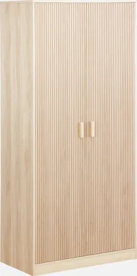 A full-shot of a wooden wardrobe with two doors and ribbed detailing.