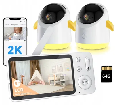 Zdjęcie produktu dla Niania elektroniczna z dwoma kamerami i aplikacją, rozdzielczość 2K, ekran 5 cali, Wi-Fi, funkcja podziału ekranu, obracana kamera (360°), zoom 4x, podczerwień (tryb nocny), kolorowa lampka nocna, automatyczne śledzenie ruchu, pamięć 64G