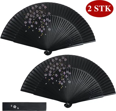 Produktbild von 2STK Handfächer Japanischer Faltfächer Klappfächer Vintage Stil Damen Herren Bambus Folding Fans Fächer für Wanddekoration Hochzeit Geschenk Muttertag Party Kostüm - Schwarz