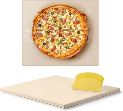 Zdjęcie produktu dla Kamień do pizzy – prostokątny, wykonany z kordierytu – 40,6 x 35,5 cm – grubość 1,5 cm – odporny na wysoką temperaturę – do piekarnika i grilla – w zestawie skrobak – do pizzy i chleba