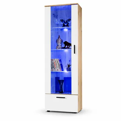Produktbild von Komodee, Vitrine Schrank Alessandria, Wotan/Weiß, Breite 60cm x Höhe 192cm x Tiefe 42cm, 3 Glasböden, 1 Regal aus laminierter Platte, für Wohnzimmer, Schlafzimmer, LED Blau