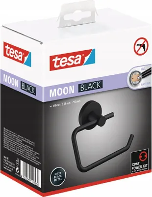 Zdjęcie produktu dla tesa MOON BLACK uchwyt na rolkę papieru toaletowego, czarny matowy - uchwyt na rolkę bez pokrywy do łazienek w stylu industrialnym i nowoczesnych łazienek - bez wiercenia, z klejem - 99 mm x 140 mm x 53 mm
