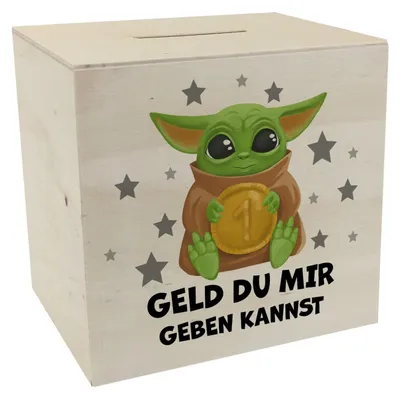 Baby-Alien Spardose aus Holz, 9,8 cm, Spruch