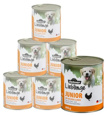 Produktbild von Dehner Hundefutter, Nassfutter vitaminreich, für Welpen und junge Hunde, Geflügel / Reis, 6 x 800 g Dose (4.8 kg)