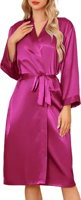 Produktbild von Morgenmantel lang, Damen, Satin, Kimono, V-Ausschnitt, Nachtwäsche